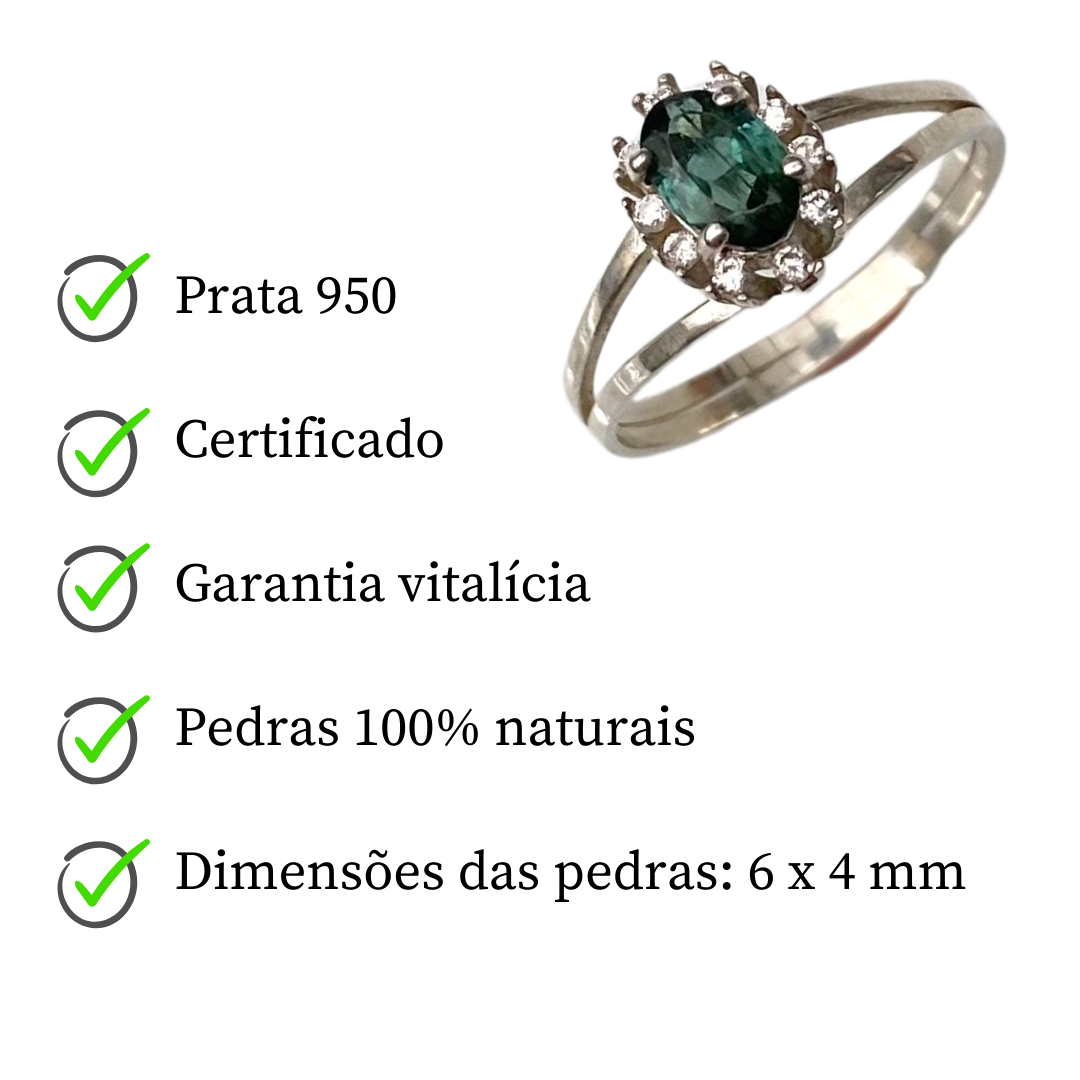 Anel de Prata com Turmalina Verde Oval e Zircônias
