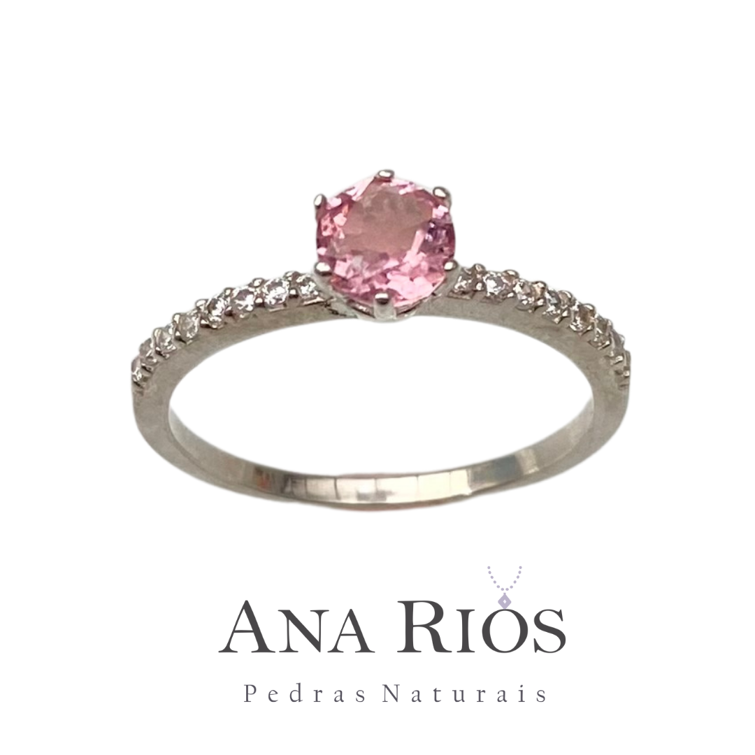 Anel de Prata 950 com Turmalina Rosa Natural Redonda e Zircônias