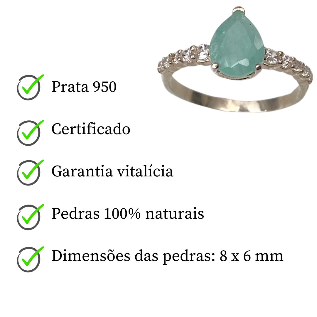 Anel de Prata 950 com Esmeralda Natural Gota e Zircônias