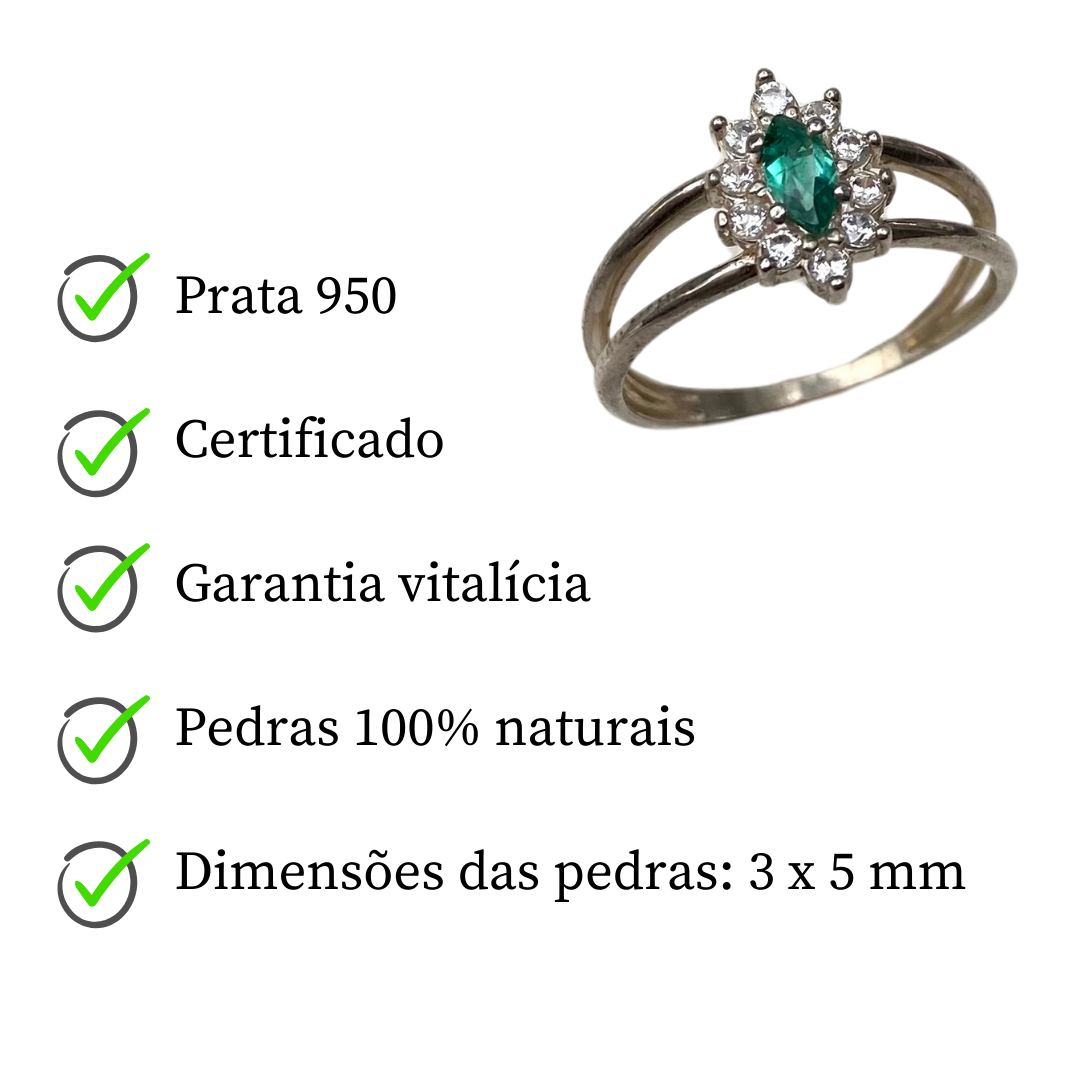 Anel de Prata 950 com Esmeralda Natural Navete e Zircônias