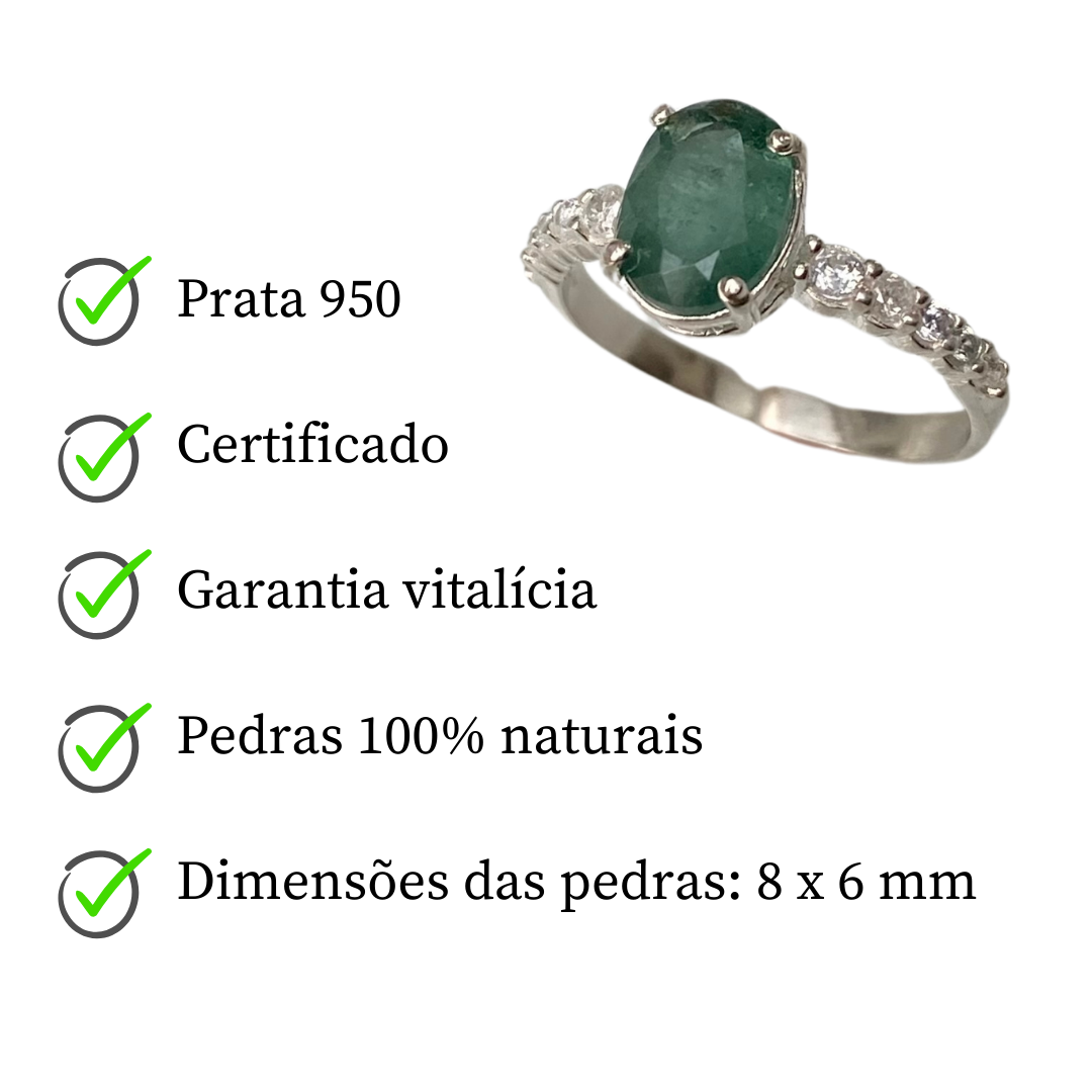 Anel de Prata com Turmalina Verde Oval e Zircônias
