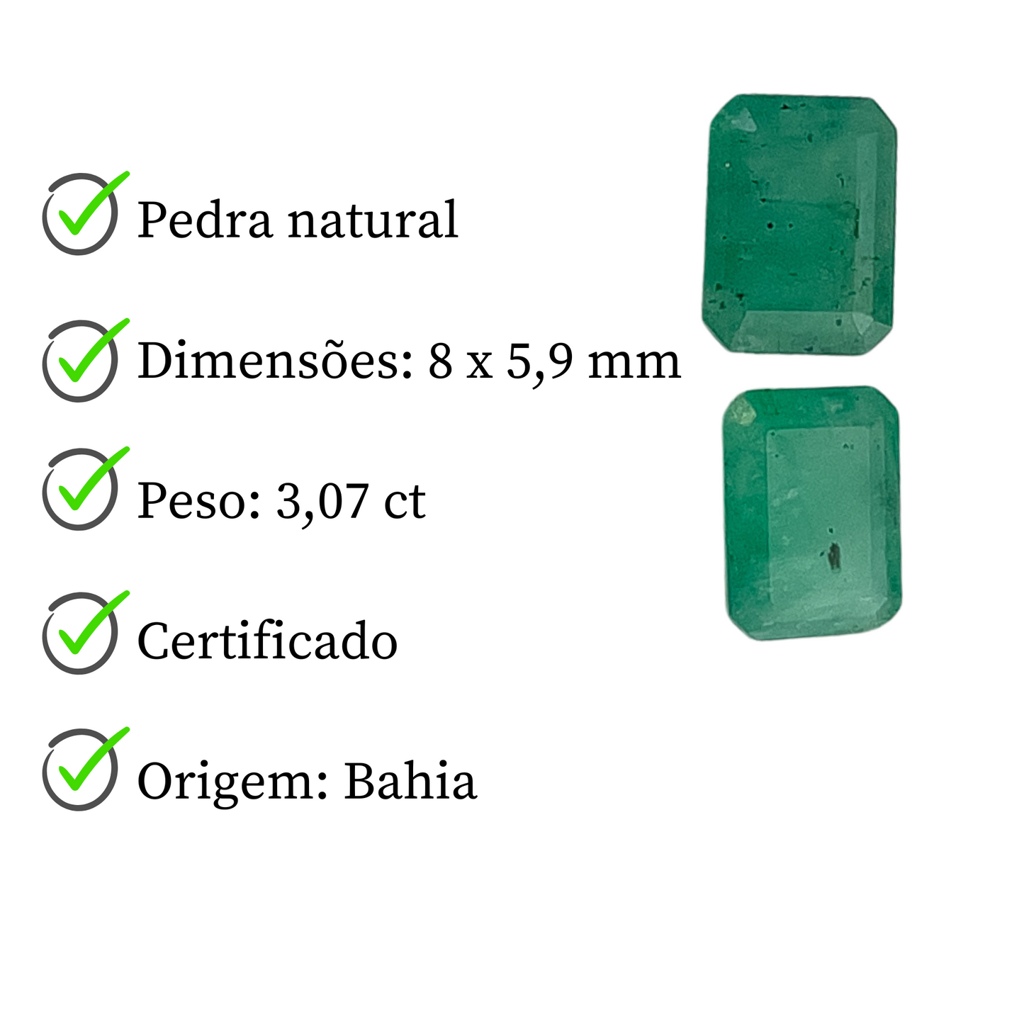 Par de Esmeraldas Naturais Lapidadação Retangular - 8x 5,9mm / 3,07ct .