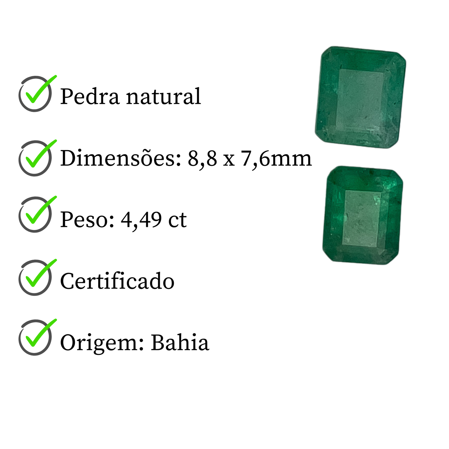Par de Esmeraldas Naturais - Lapidação Retangular 4,49ct/ 8,8 x 7,6 mm