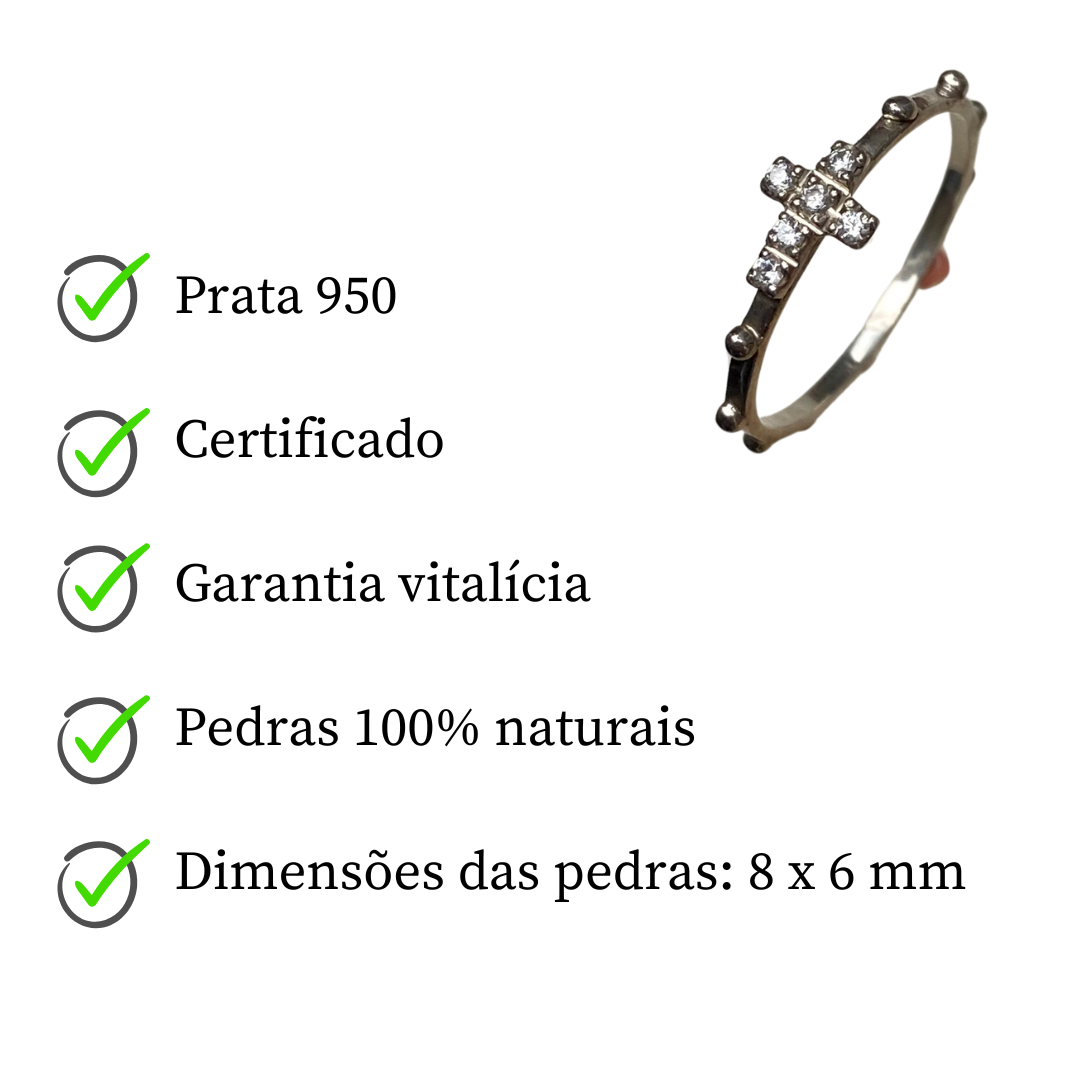 Anel de Prata com Zircônias modelo Cruz / Terço