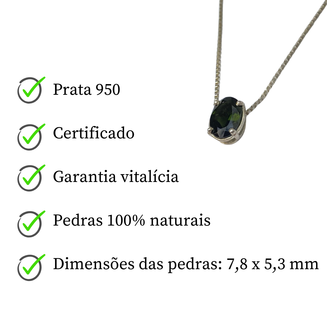 Colar e Pingente de Prata com Turmalina Verde Oval