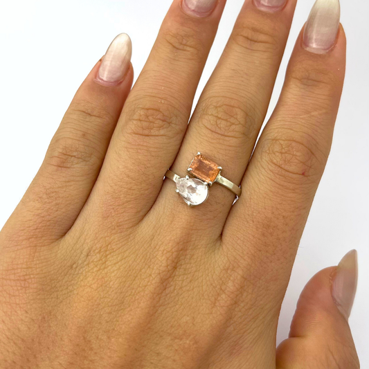 Anel em Prata 950 com Topázio Imperial Rose e Morganita Natural – Modelo Regulável