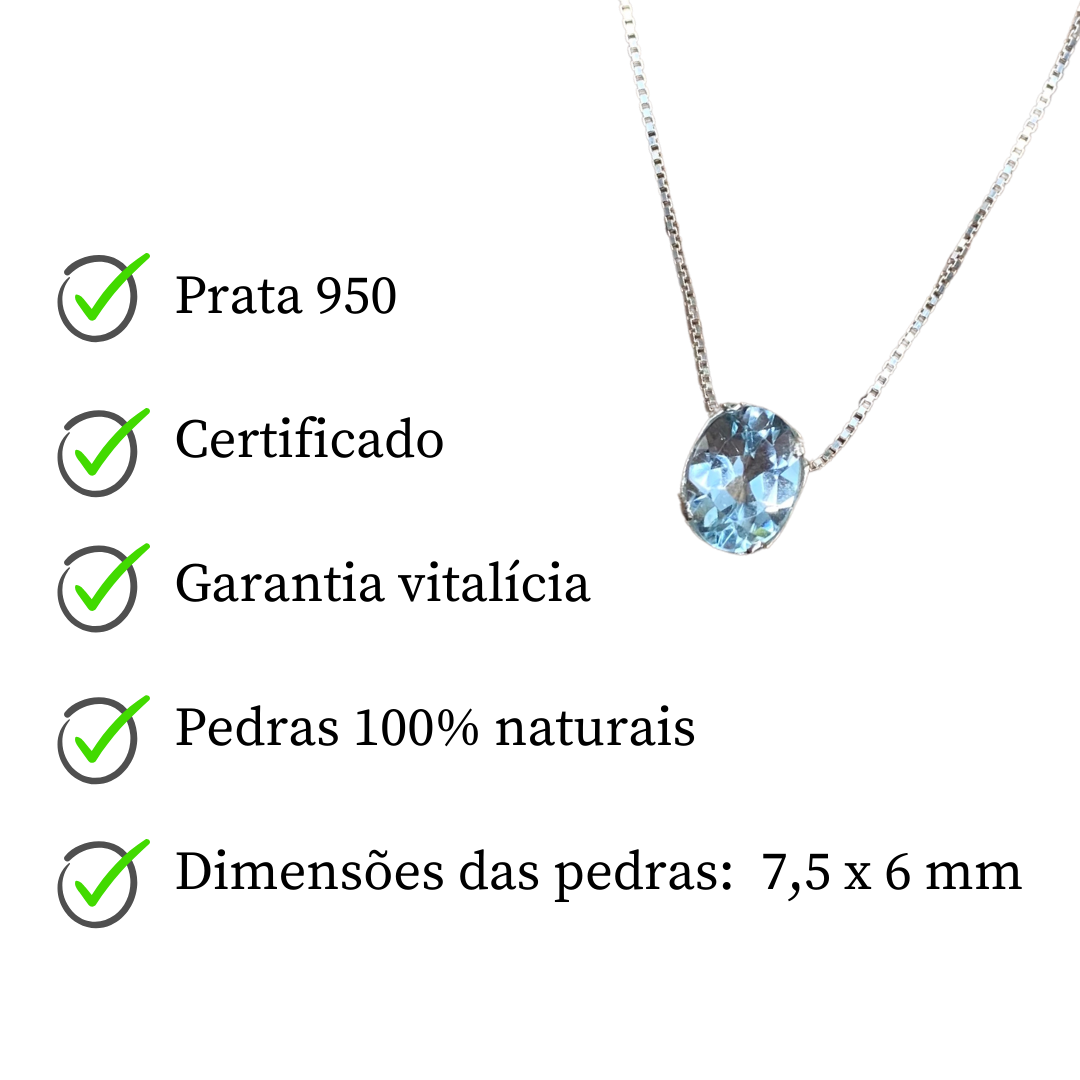 Colar e Pingente de Prata com Água Marinha Oval