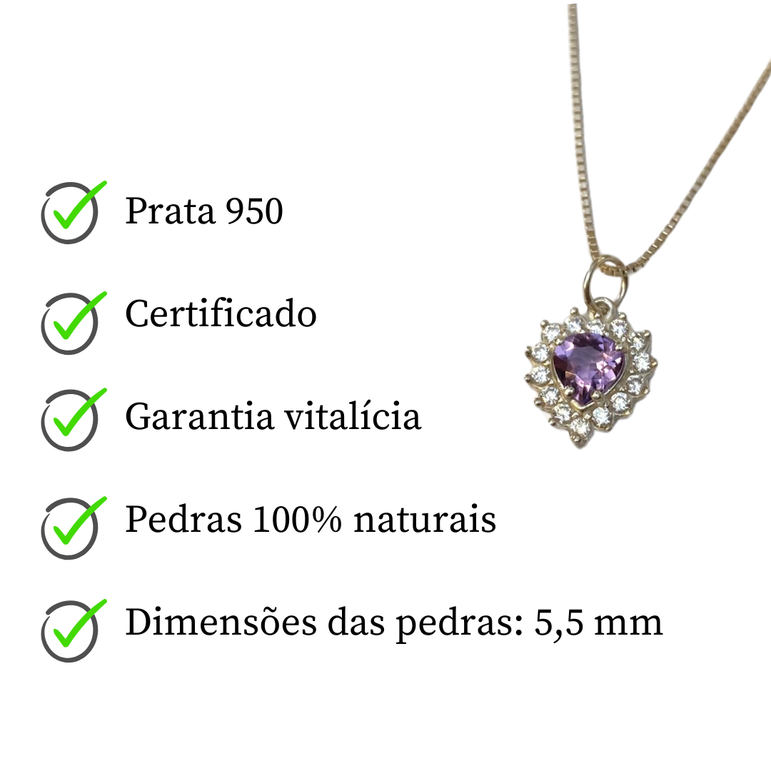 Colar e Pingente de Prata com Coração Ametista