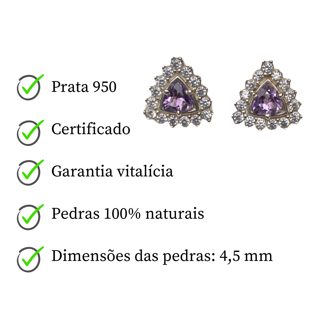 Brinco de Prata com Ametista Trillion e Zircônias