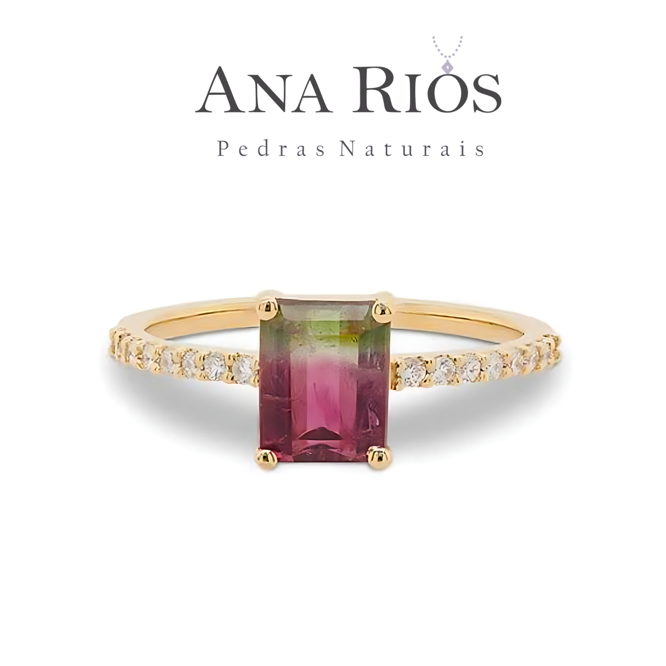 Anel de Ouro 18 K com turmalina melancia e diamantes