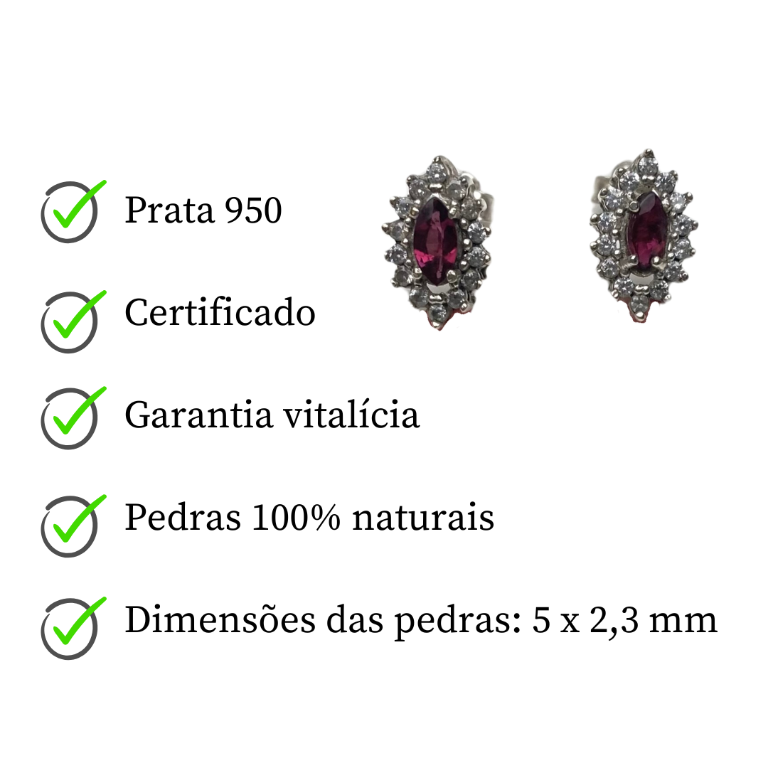 Brinco de Prata com Granada Navete e Zircônias Pequeno