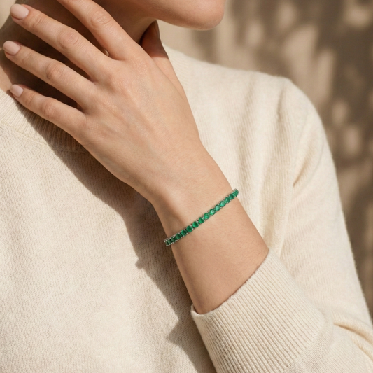 Pulseira Riviera em Prata 950 com Esmeraldas Naturais 3 mm - 17 cm