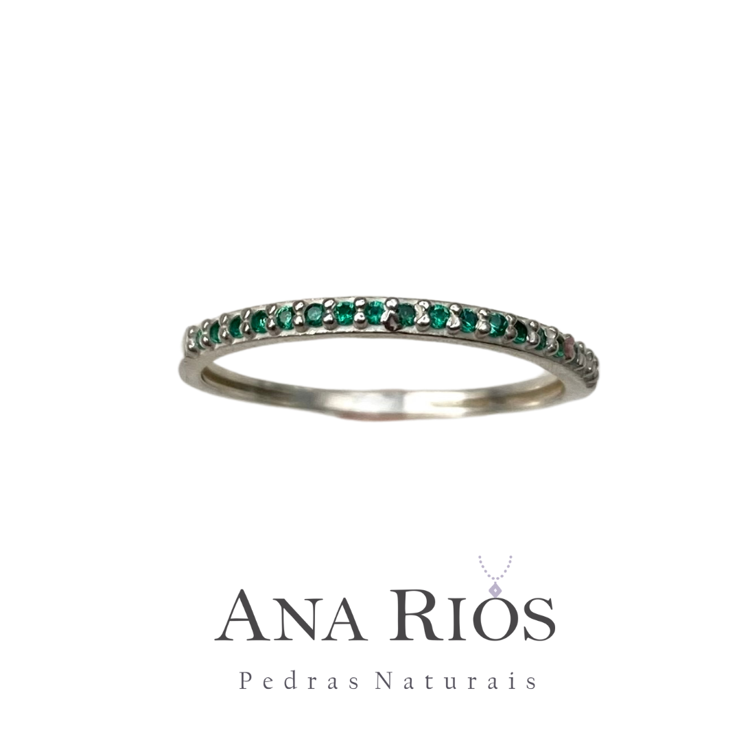 Anel Meia Aliança de Prata com Zircônia Verde