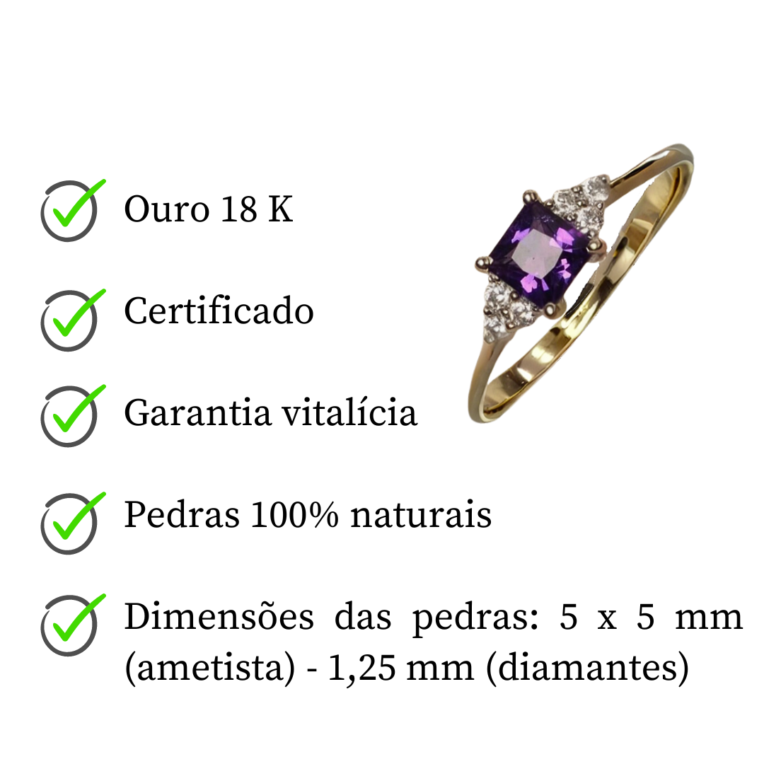 Anel de Ouro 18 K com ametista e diamantes