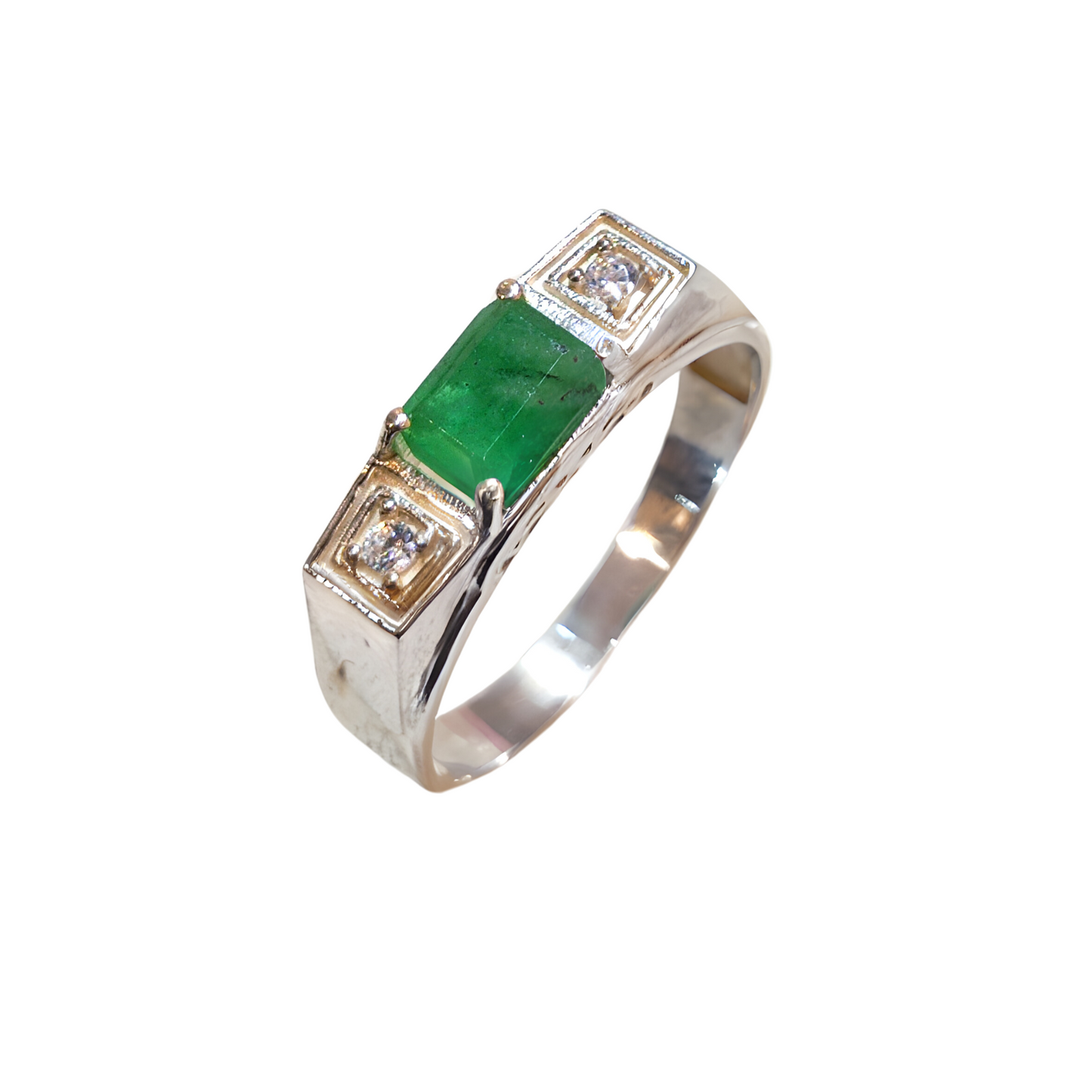Anel Masculino de Prata 950 com Esmeralda Natural Retangular - Anel de Formatura