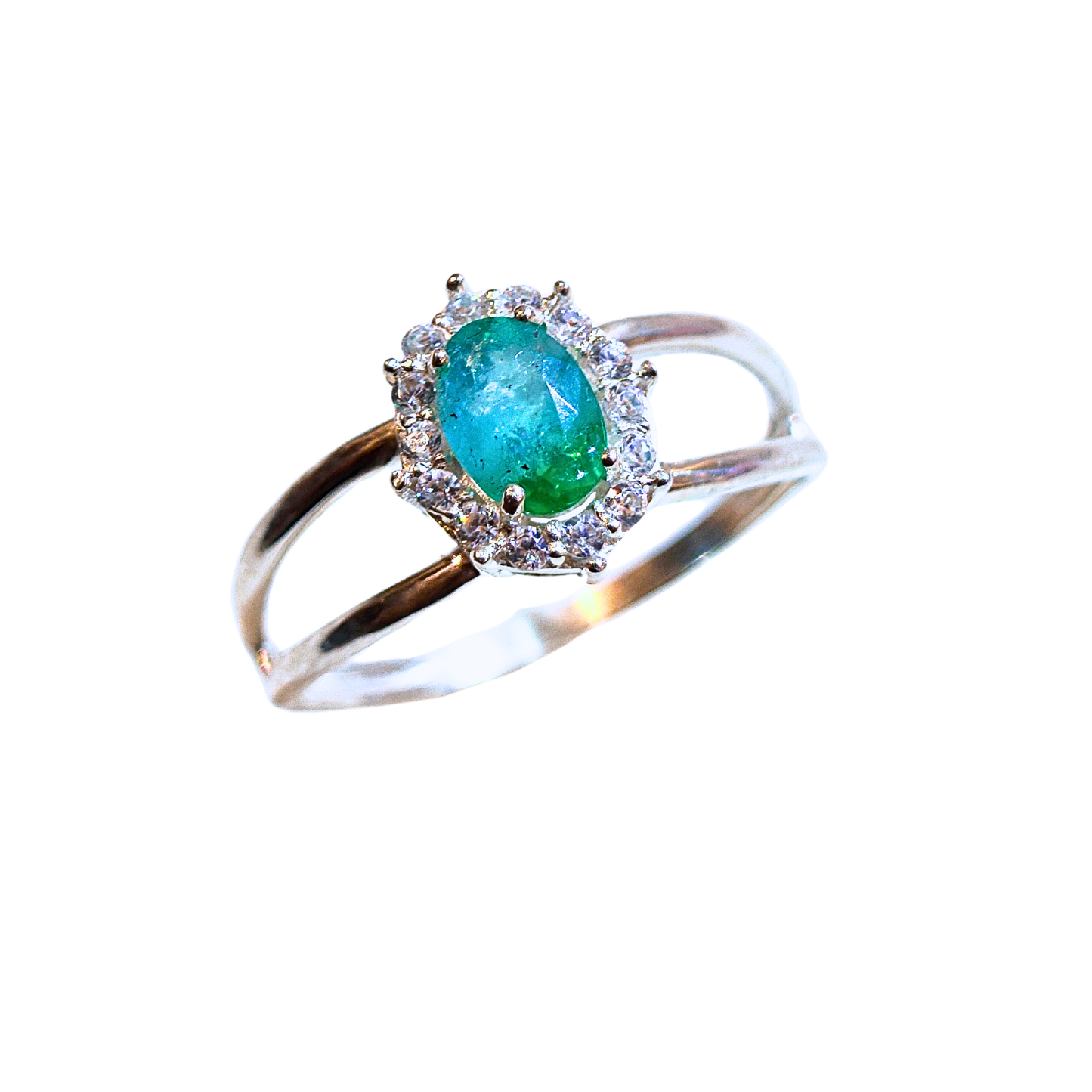 Anel de Prata 950 Aro Duplo com Esmeralda Natural Oval e Zircônias