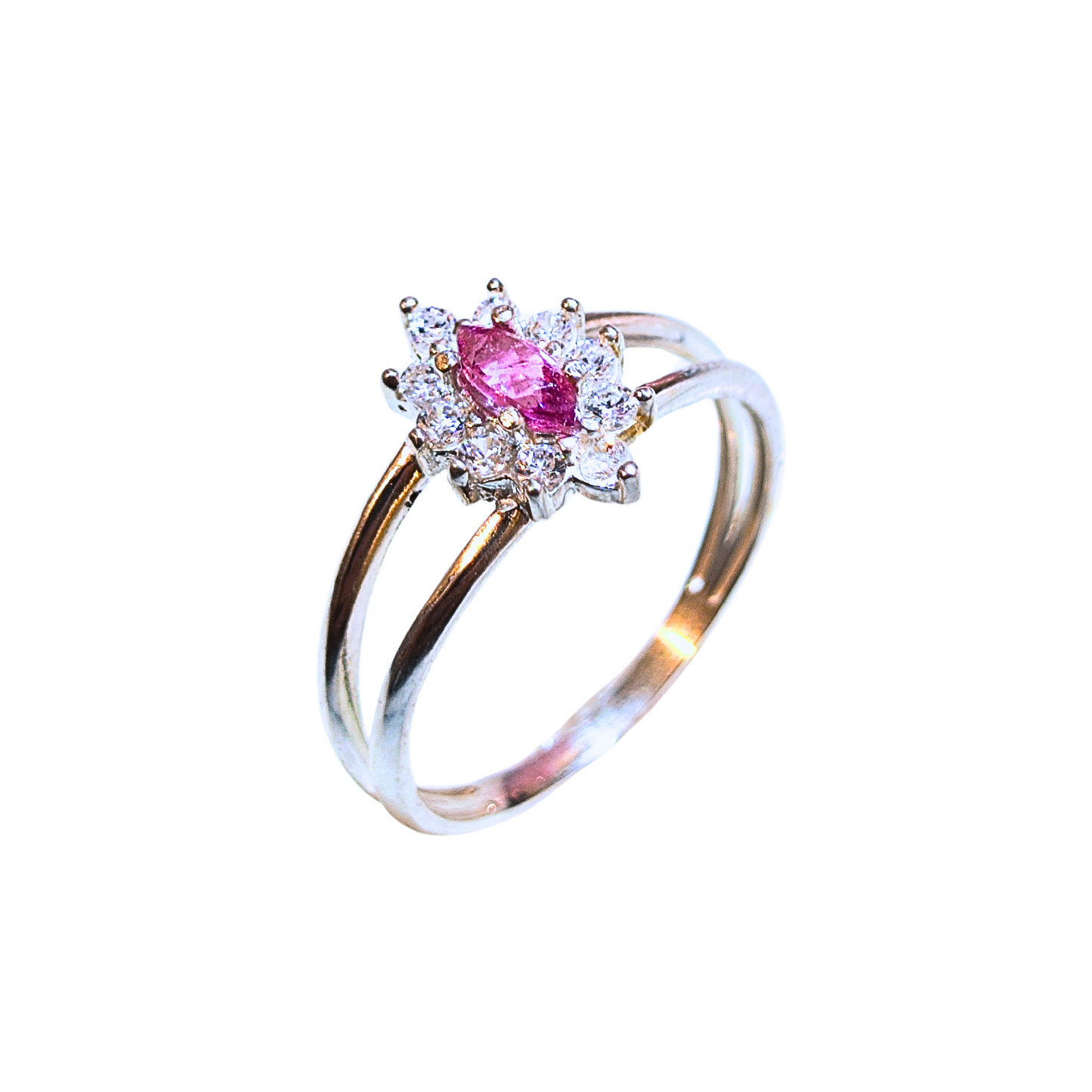 Anel de Prata com Turmalina Rosa Navete e Zircônias