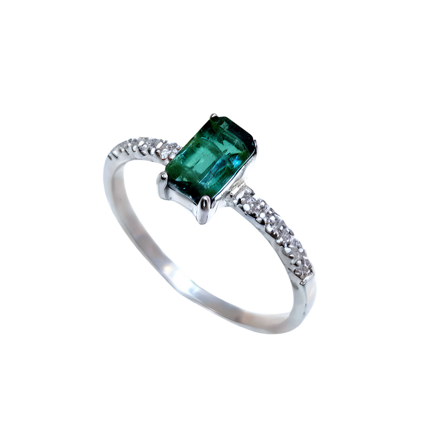Anel de Prata 950 com Turmalina Verde Natural Retangular e Zircônias