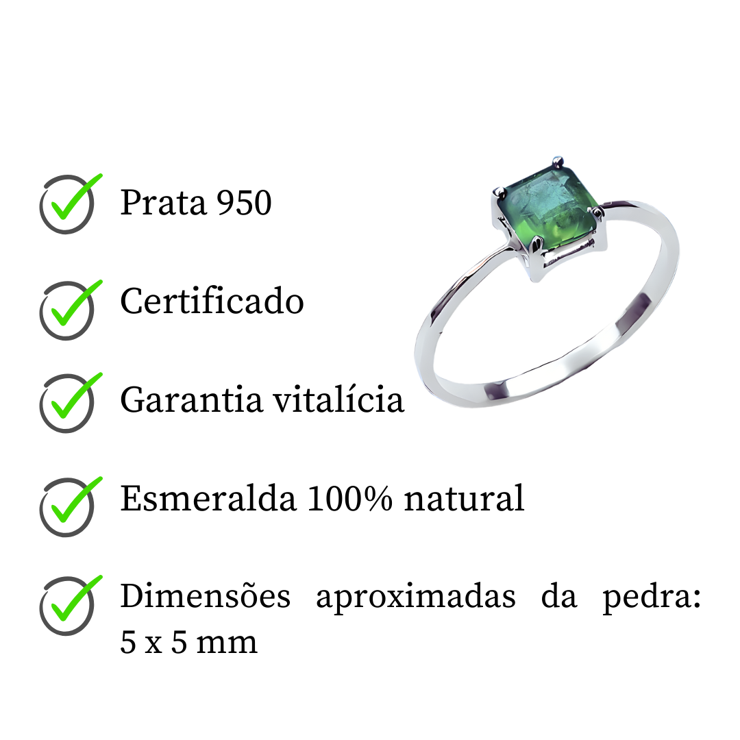 Anel de Prata 950 com Esmeralda Natural Quadrada