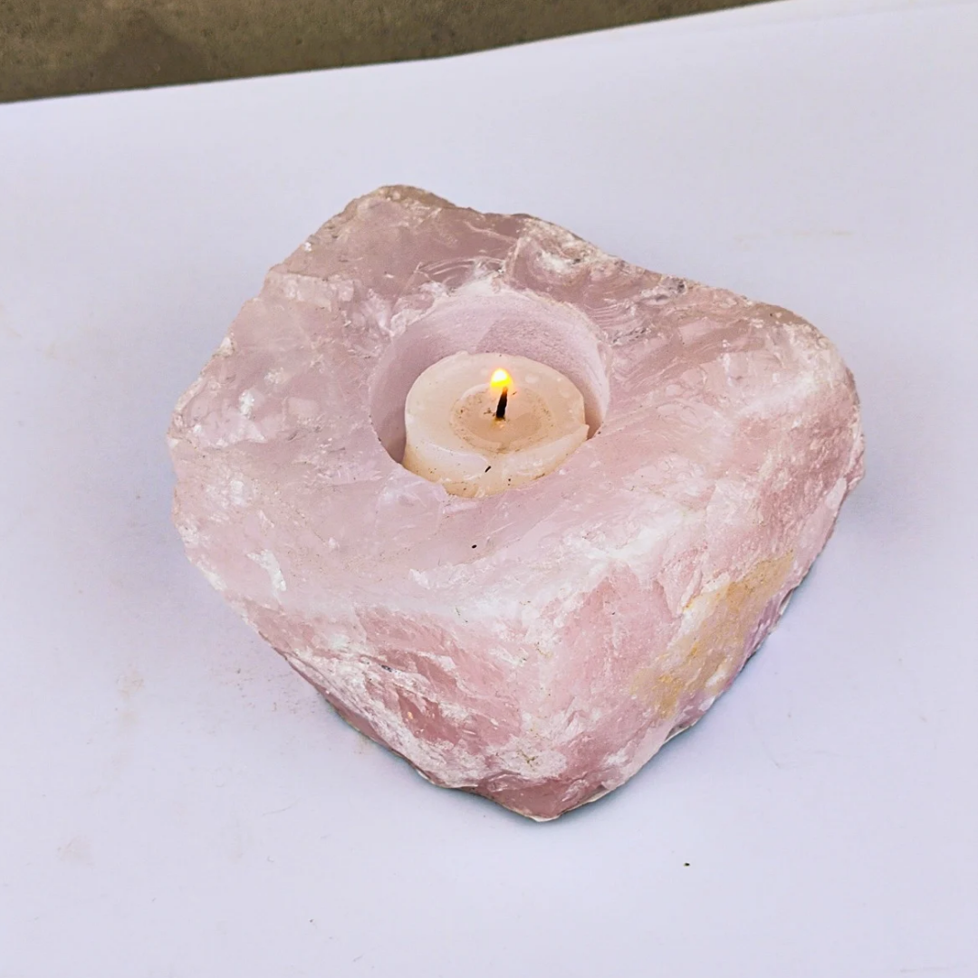 Porta velas de quartzo rosa bruto
