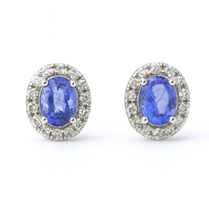 Brinco de Ouro Branco 18K com Tanzanita Natural Oval e Diamantes