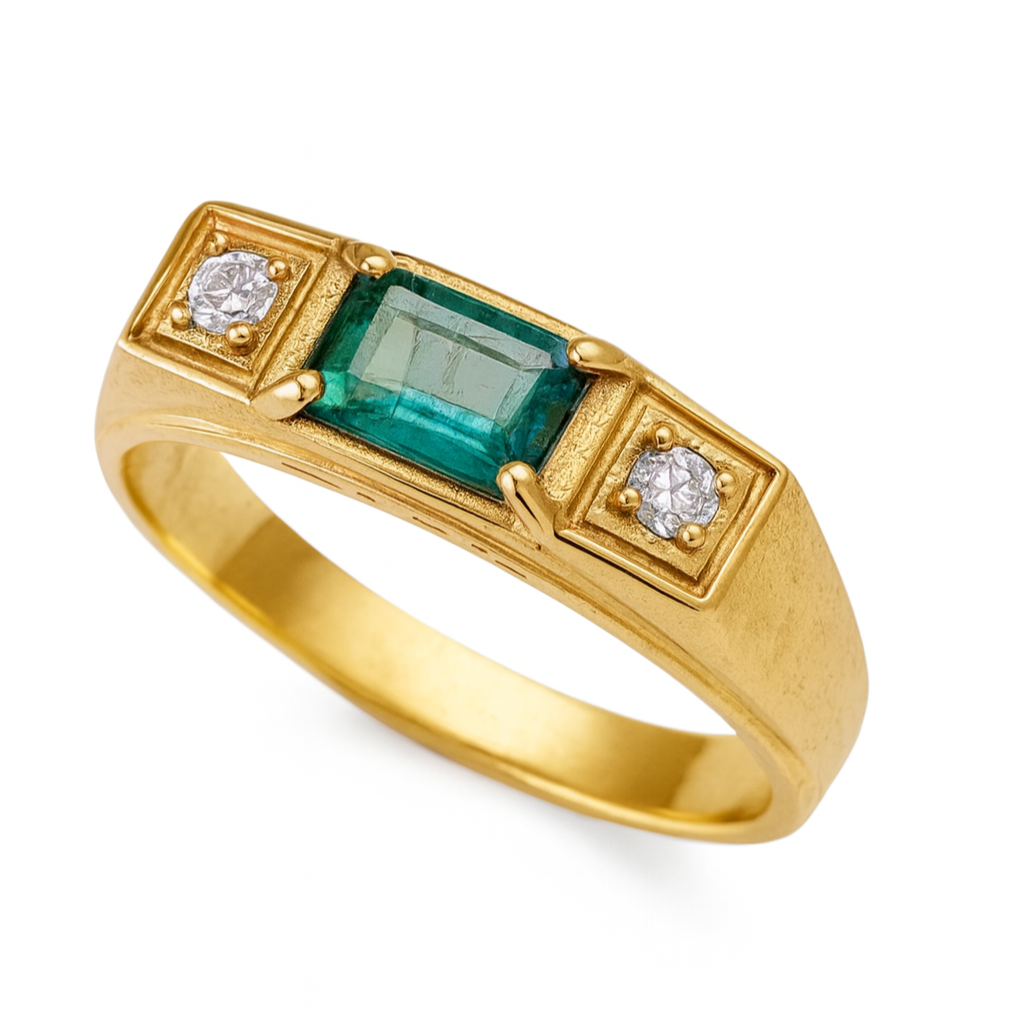 Anel Masculino de Ouro 18K com Turmalina Natural Retangular e Zircônias - Anel de Formatura