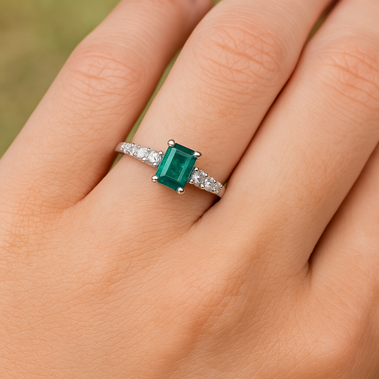 Anel de Prata 950 com Turmalina Verde Natural Retangular e Zircônias Degradê