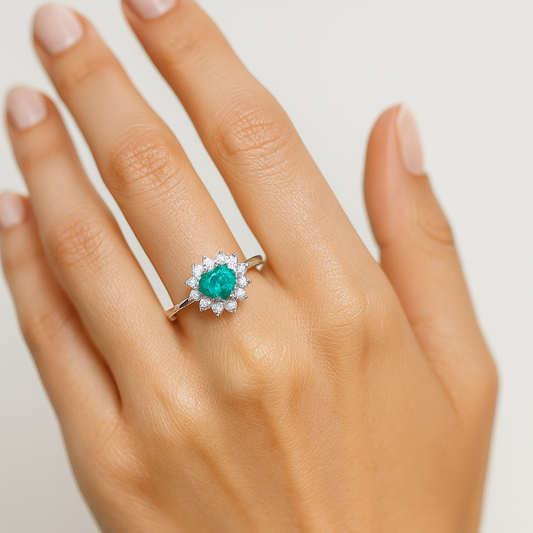 Anel de Prata 950 com Esmeralda Natural Coração e Zircônias