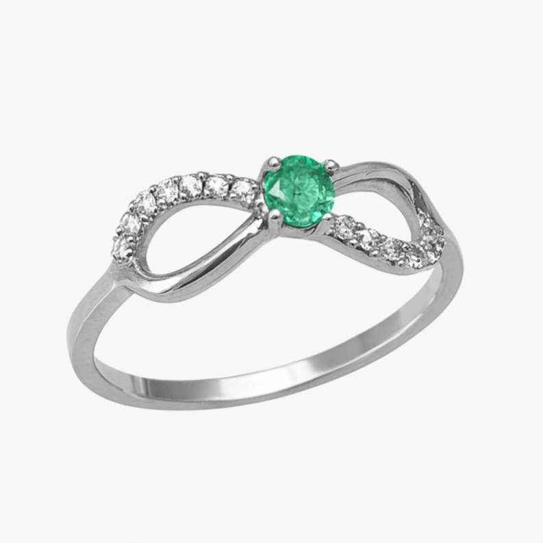 Anel infinito: Ouro Branco 18K com Esmeralda e diamantes Naturais