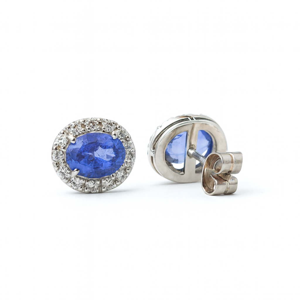 Brinco de Ouro Branco 18K com Tanzanita Natural Oval e Diamantes