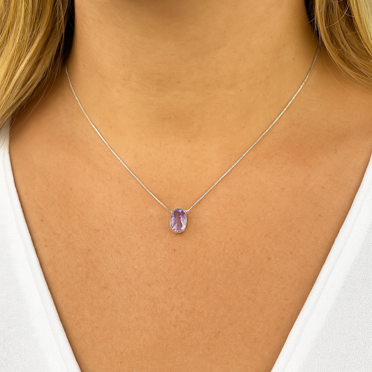 Colar e Pingente de Prata com Ametista Oval