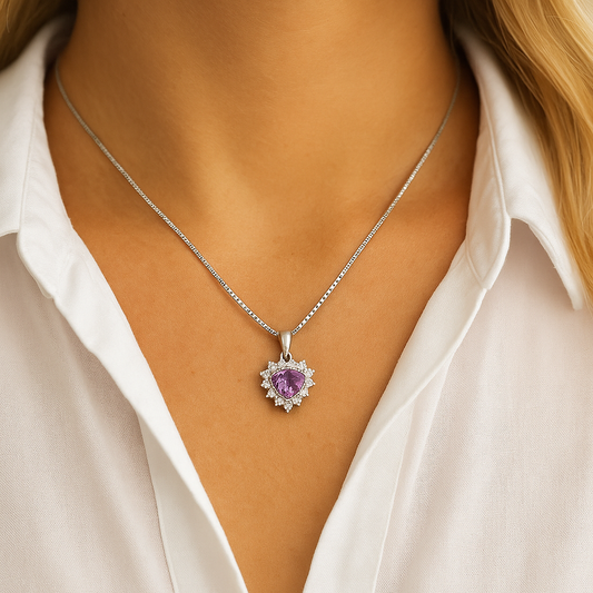 Colar e Pingente de Prata com Coração Ametista