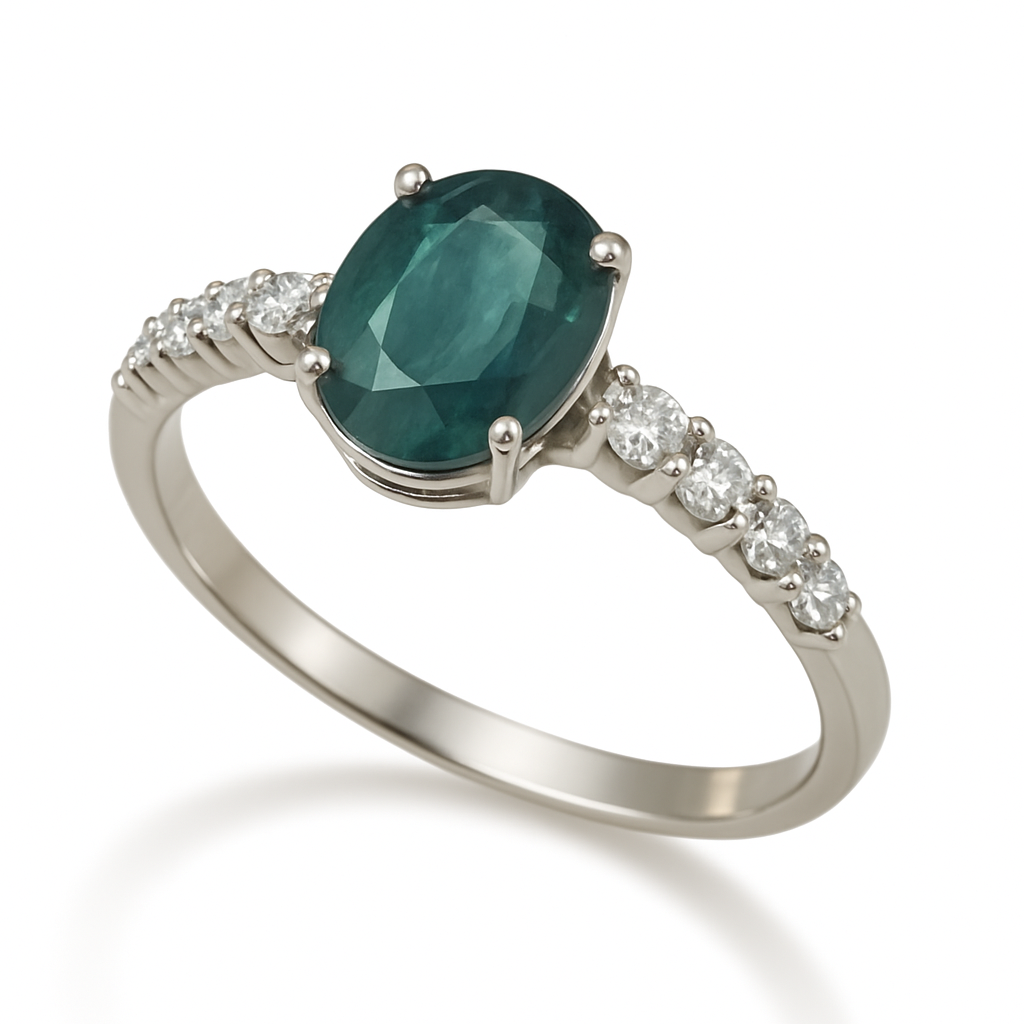 Anel de Prata com Turmalina Verde Oval e Zircônias