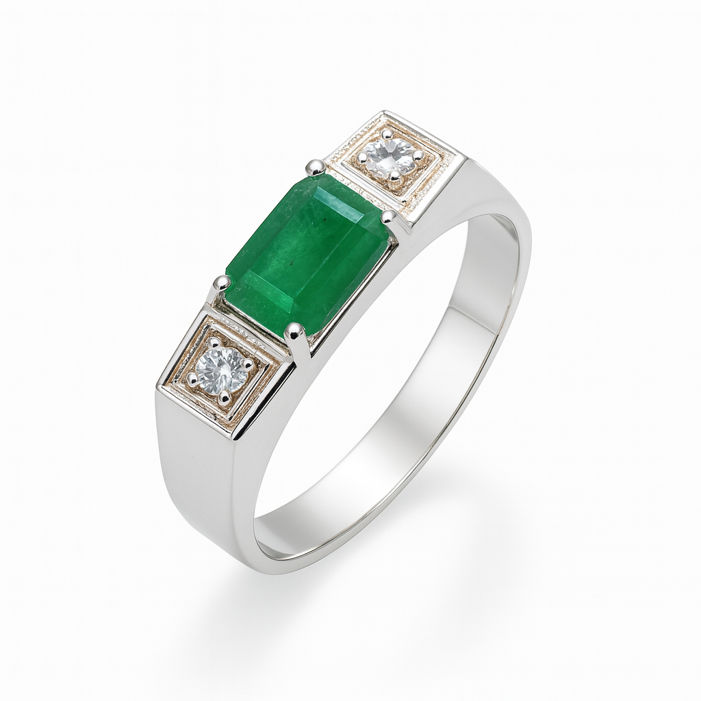 Anel Masculino de Prata 950 com Esmeralda Natural Retangular - Anel de Formatura