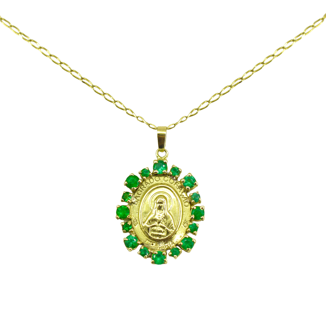 Medalha Imaculado Coração de Maria Esmeraldas Ouro 18k