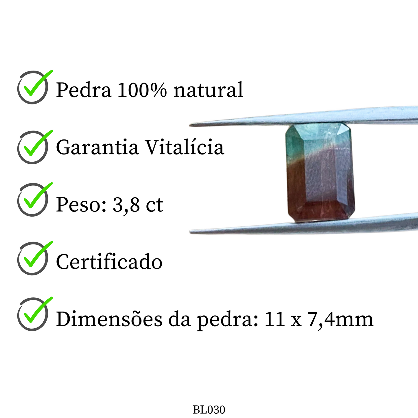 Turmalina Bicolor Natural Lapidada Retangular 11 x 7,4mm
