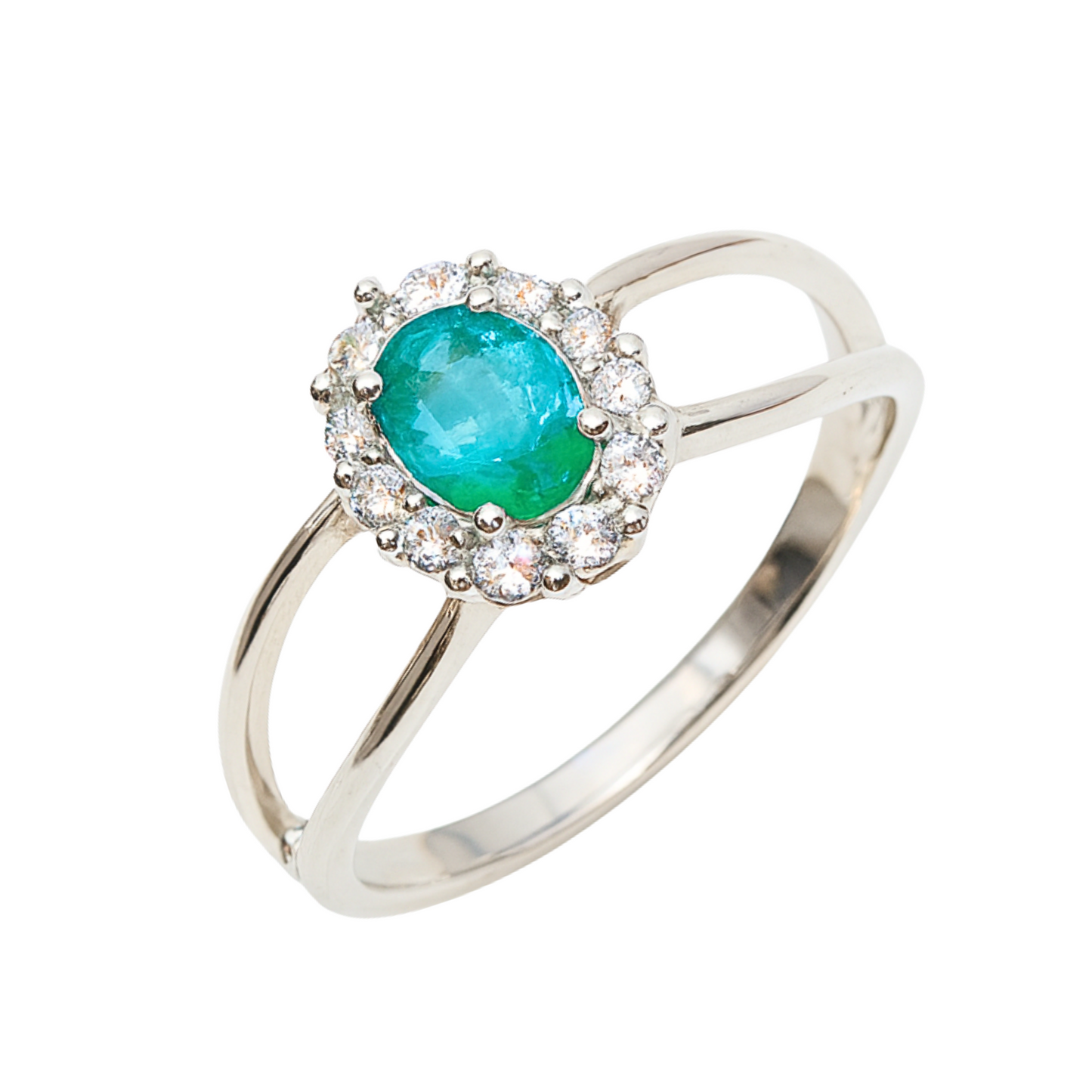 Anel de Prata 950 Aro Duplo com Esmeralda Natural Oval e Zircônias