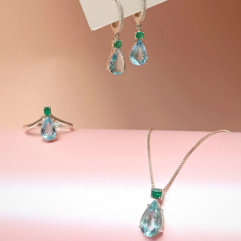 Anel de Prata 950 com Água-Marinha e Esmeralda Naturais