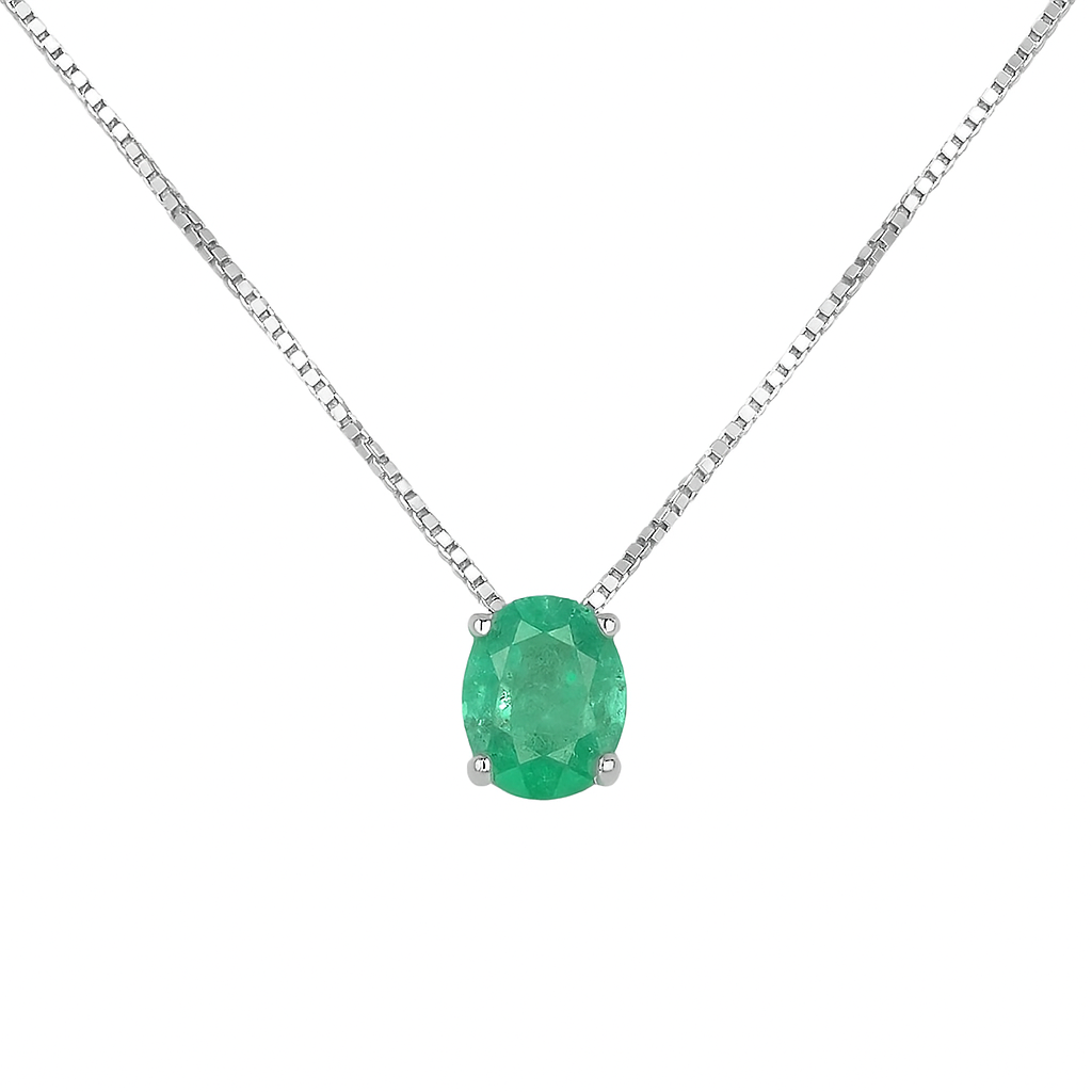 Colar e Pingente de Prata com Esmeralda Oval