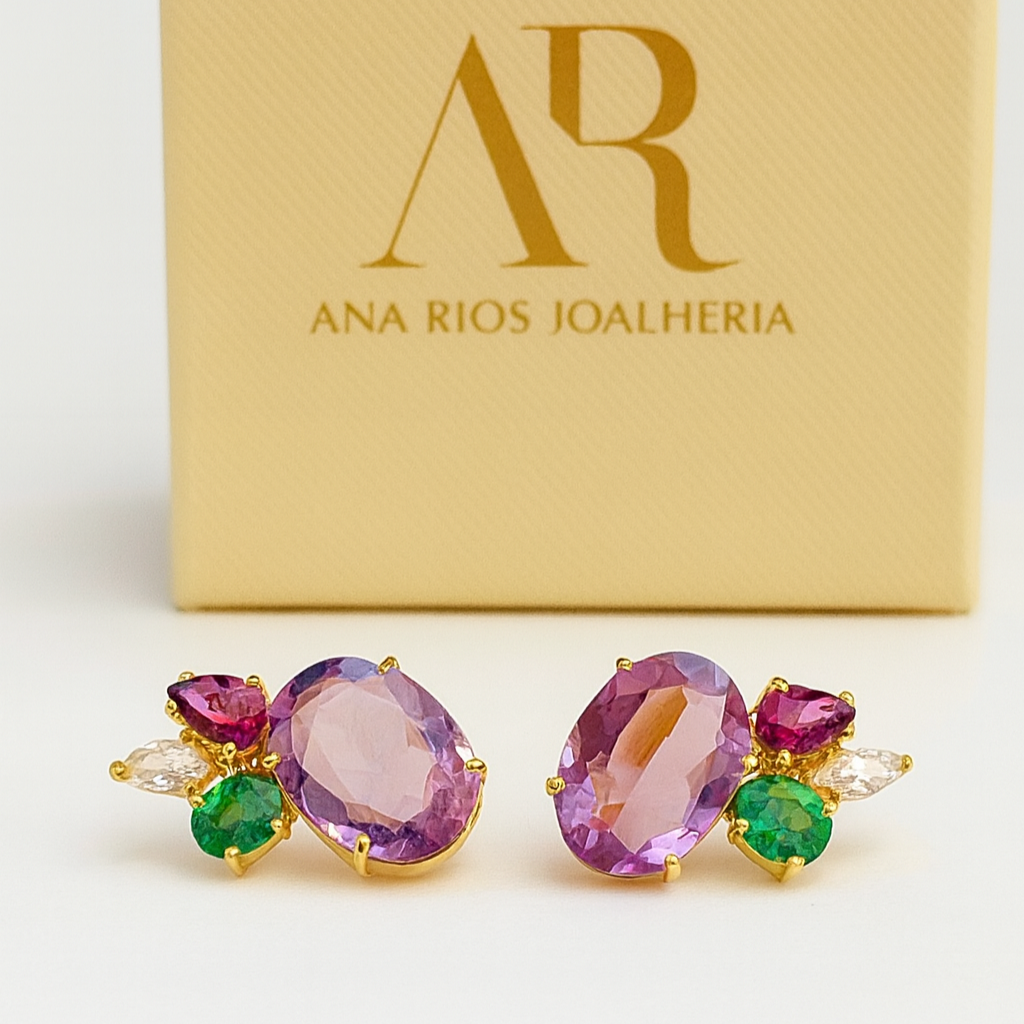 Brincos Lara Brener: Ouro 18K com Pedras Naturais