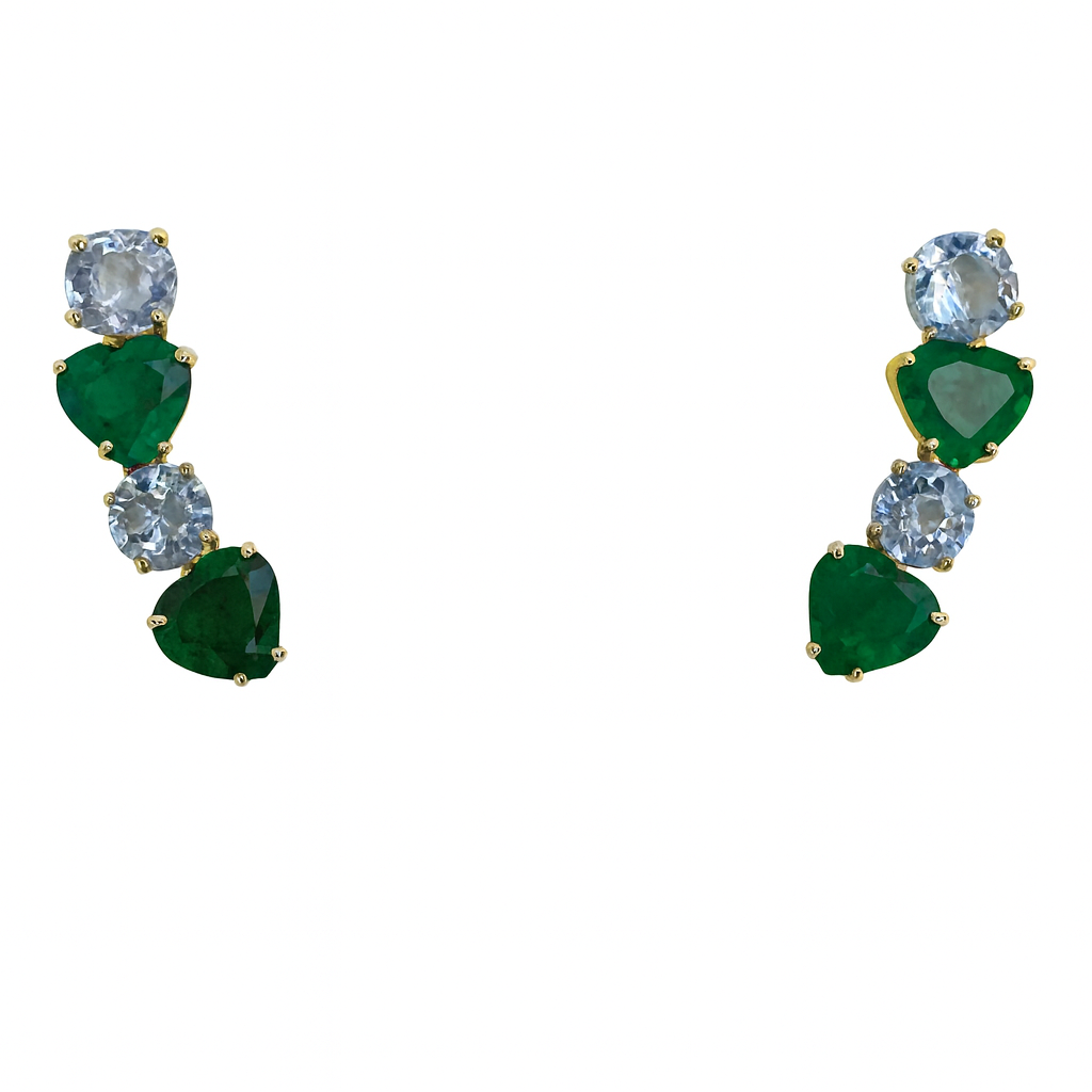 Brinco Ear Cuff em Ouro 18 K com Esmeralda e Água-Marinha