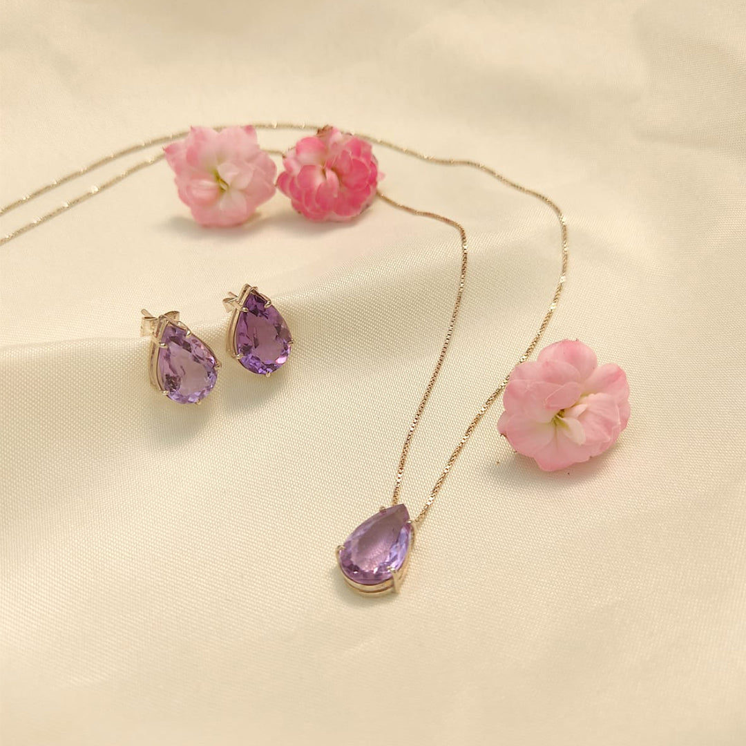 Conjunto Colar e Brinco de Prata 950 com Ametista