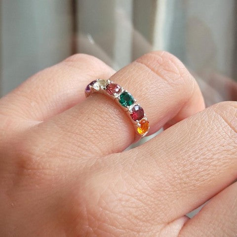 Anel Meia Aliança Arco-íris Prata 950 com pedras Naturais