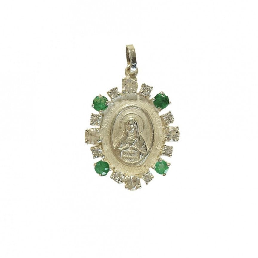 Medalha Imaculado Coração de Maria de Prata com Esmeralda