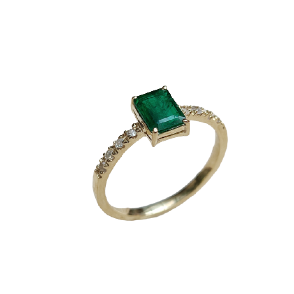 Anel de Ouro 18K com Esmeralda Retangular e Diamantes Naturais