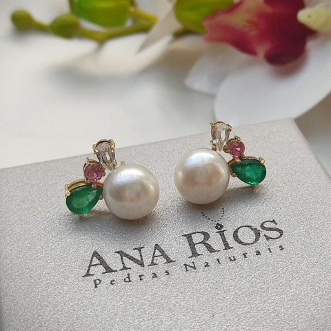 Brinco Sâmia Marsilli: Prata 950 com Pérolas e Pedras Naturais