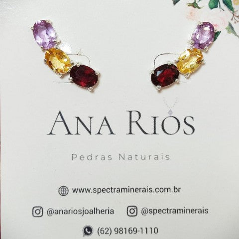 Ear Cuff Aquarela - prata 950 com granada, citrino e ametista