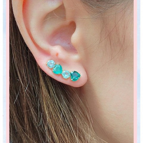 Brincos Ear Cuff em Ouro 18K com Esmeraldas e Águas-Marinhas