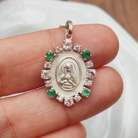 Medalha Imaculado Coração de Maria de Prata com Esmeralda