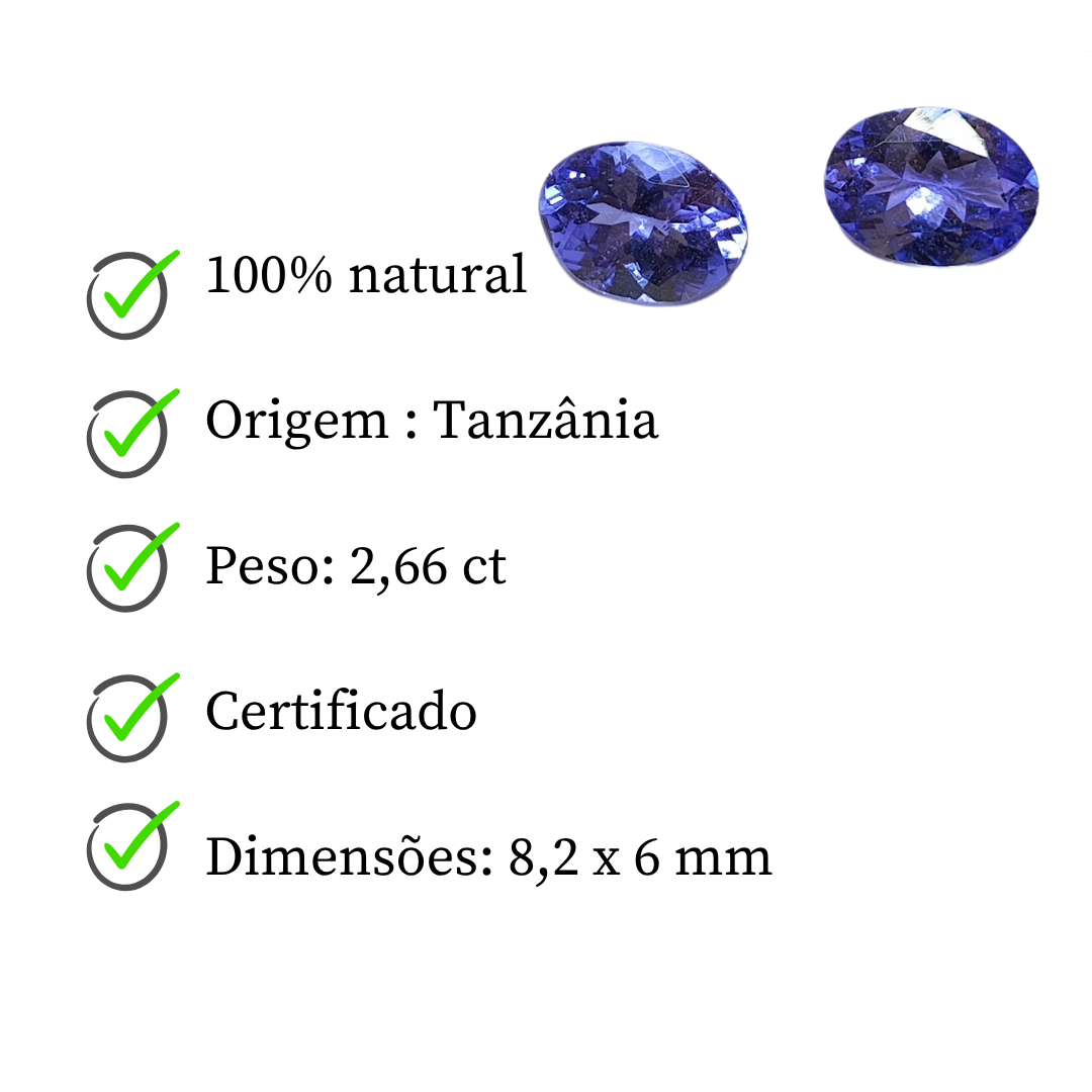 Par de Tanzanita Natural Lapidada – Oval   – 8,2 x 6 mm - 2,66 ct